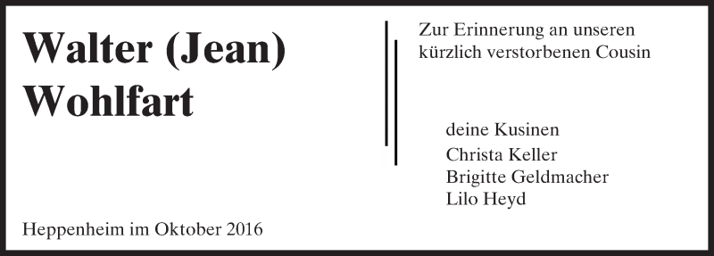  Traueranzeige für Walter Wohlfart vom 06.10.2016 aus Trauerportal Rhein Main Presse