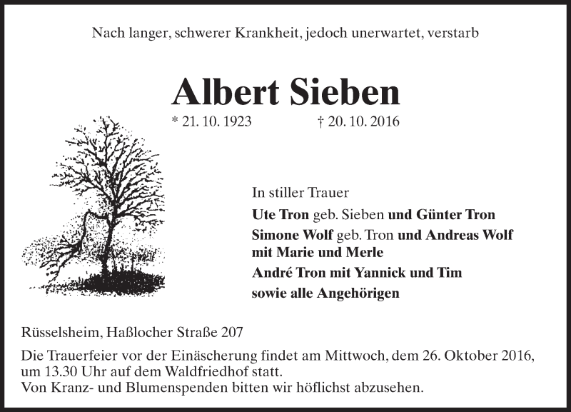  Traueranzeige für Albert Sieben vom 22.10.2016 aus Trauerportal Rhein Main Presse
