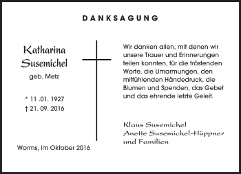 Traueranzeige von Katharina Susemichel von Trauerportal Rhein Main Presse