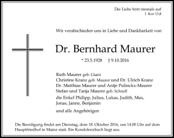 Traueranzeige von Bernhard Maurer von Trauerportal Rhein Main Presse