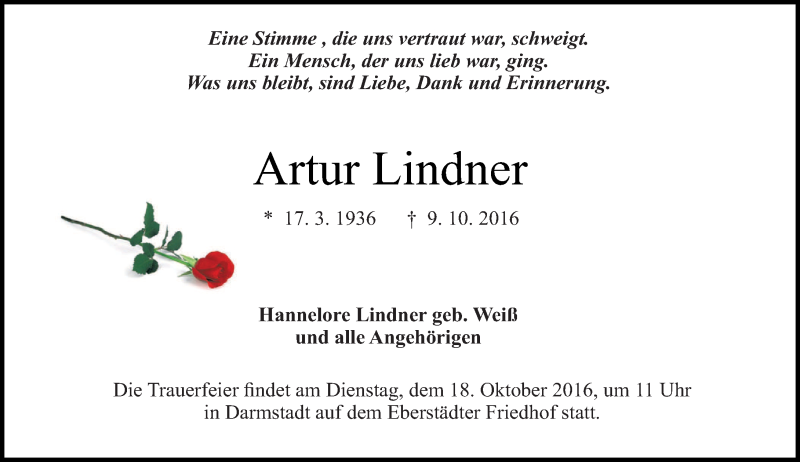  Traueranzeige für Artur Lindner vom 15.10.2016 aus Trauerportal Echo Online