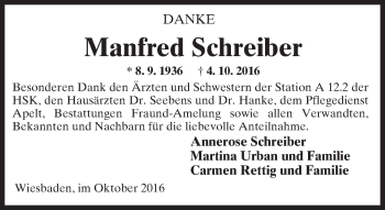Traueranzeige von Manfred Schreiber von Trauerportal Rhein Main Presse