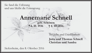 Traueranzeige von Annemarie Schnell von Trauerportal Rhein Main Presse