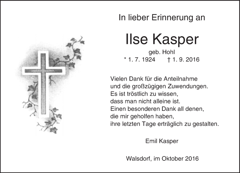  Traueranzeige für Ilse Kasper vom 13.10.2016 aus  Camberger Anzeiger