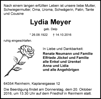 Traueranzeige von Lydia Meyer von Trauerportal Echo Online