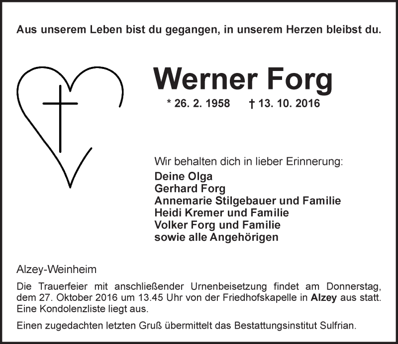  Traueranzeige für Werner Forg vom 22.10.2016 aus Trauerportal Rhein Main Presse