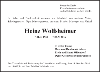 Traueranzeige von Heinz Wolfsheimer von  Camberger Anzeiger