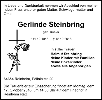 Traueranzeige von Gerlinde Steinbring von Trauerportal Echo Online