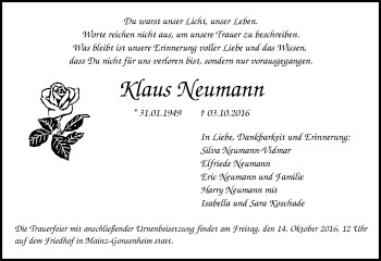 Traueranzeige von Klaus Neumann von Trauerportal Rhein Main Presse