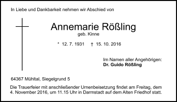 Traueranzeige von Annemarie Rößling von Trauerportal Echo Online