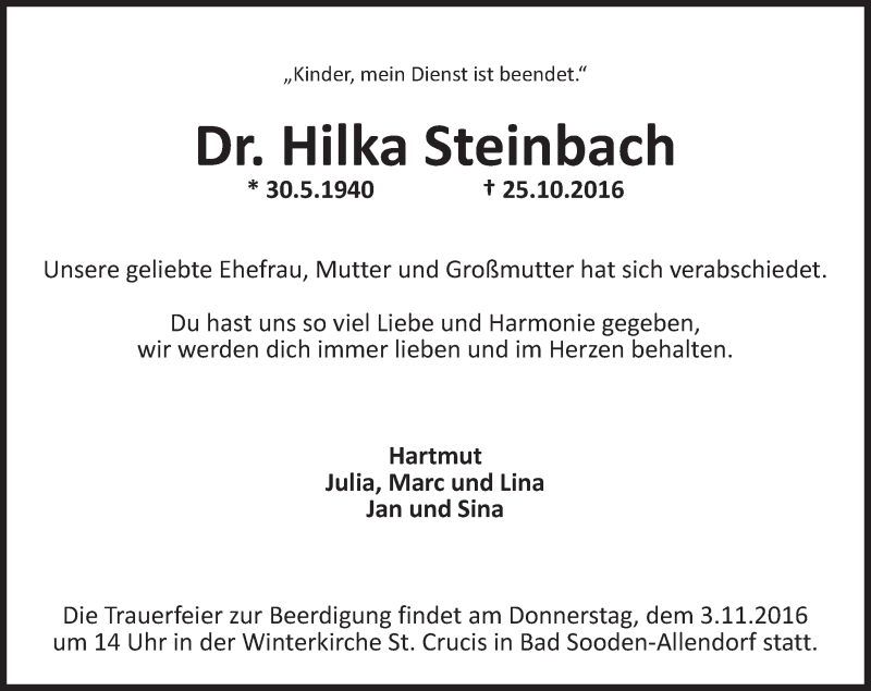  Traueranzeige für Hilka Steinbach vom 29.10.2016 aus Trauerportal Rhein Main Presse