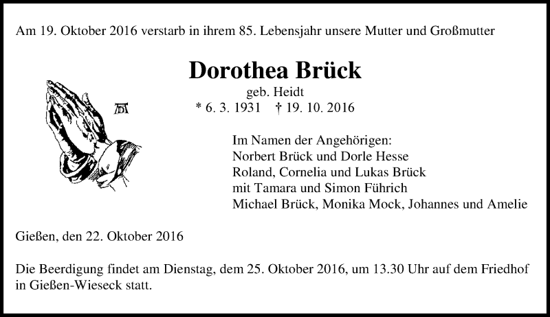  Traueranzeige für Dorothea Brück vom 22.10.2016 aus  Gießener Anzeiger