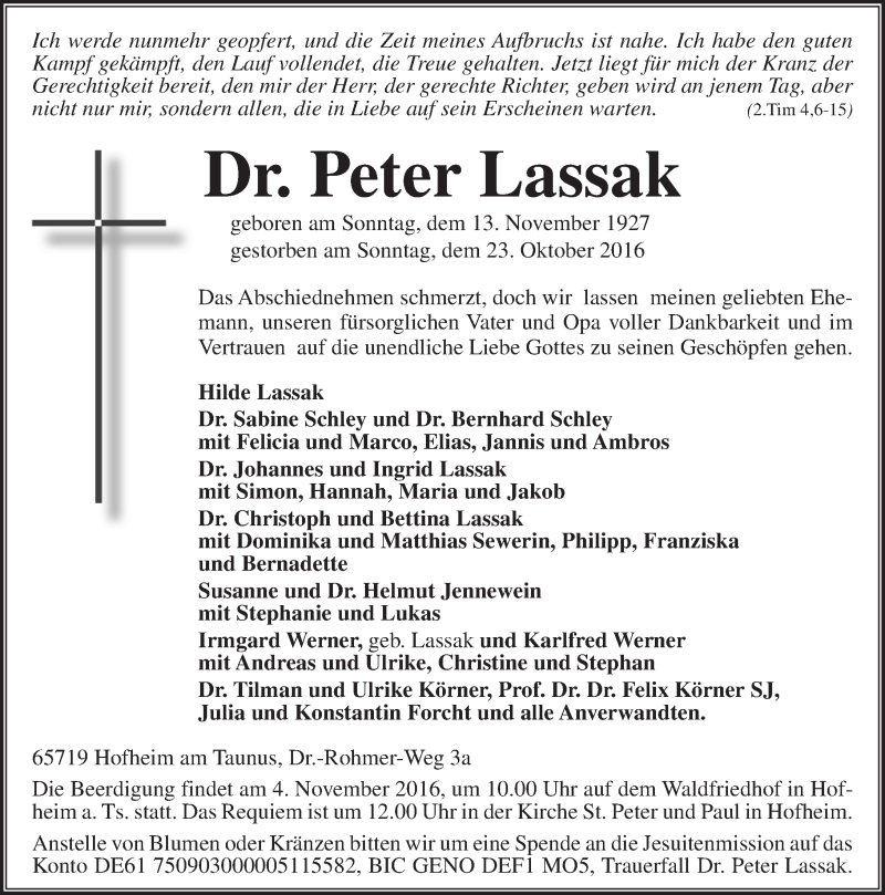  Traueranzeige für Peter Lassak vom 29.10.2016 aus Trauerportal Rhein Main Presse