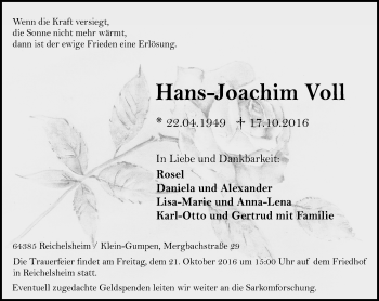 Traueranzeige von Hans-Joachim Voll von Trauerportal Echo Online