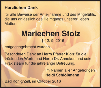 Traueranzeige von Mariechen Stolz von Trauerportal Echo Online