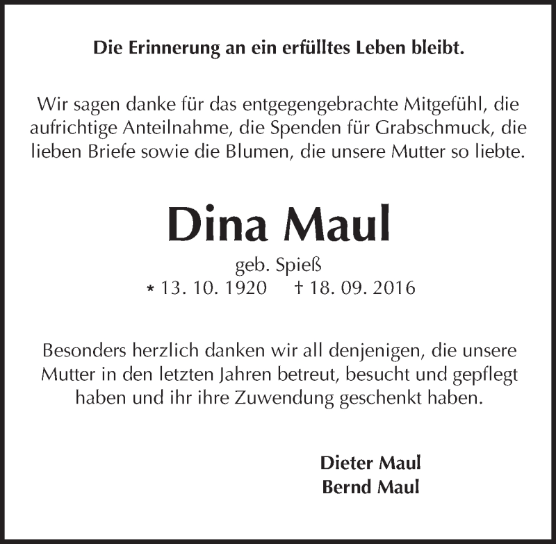  Traueranzeige für Dina Maul vom 22.10.2016 aus Trauerportal Echo Online