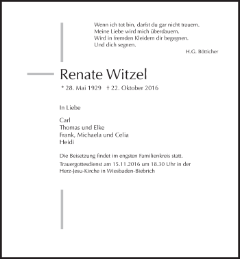 Traueranzeige von Renate Witzel von Trauerportal Rhein Main Presse