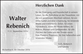Traueranzeige von Walter Rebenich von Trauerportal Echo Online