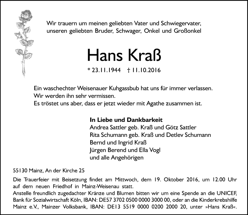  Traueranzeige für Hans Kraß vom 15.10.2016 aus Trauerportal Rhein Main Presse