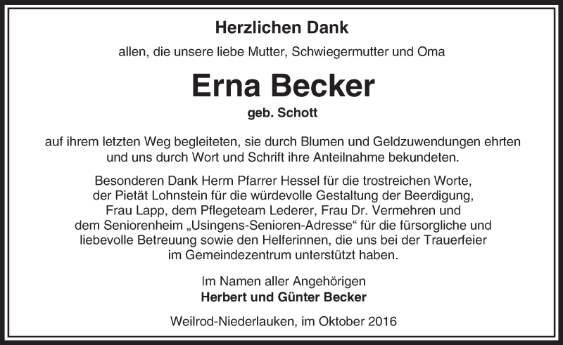  Traueranzeige für Erna Becker vom 08.10.2016 aus  Usinger Anzeiger