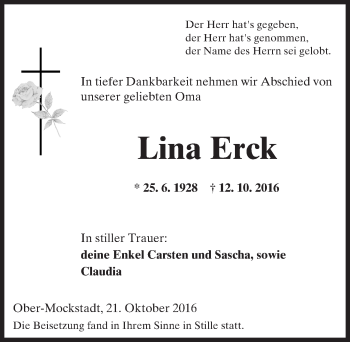 Traueranzeige von Lina Erck von  Kreisanzeiger
