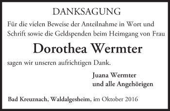 Traueranzeige von Dorothea Wermter von Trauerportal Rhein Main Presse