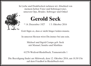 Traueranzeige von Gerold Seck von  Usinger Anzeiger