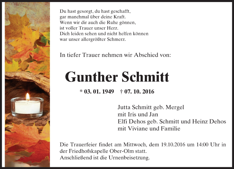  Traueranzeige für Gunther Schmitt vom 15.10.2016 aus Trauerportal Rhein Main Presse
