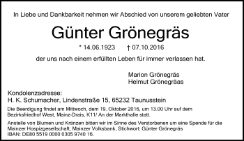 Traueranzeige von Günter Grönegräs von Trauerportal Rhein Main Presse
