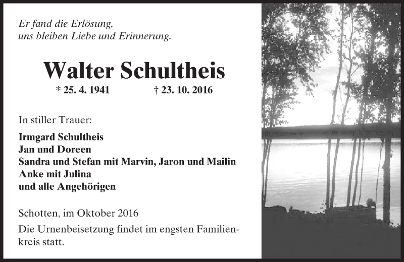  Traueranzeige für Walter  Schultheis vom 29.10.2016 aus  Kreisanzeiger