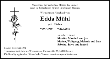 Traueranzeige von Edda Mühl von Trauerportal Rhein Main Presse