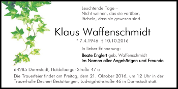 Traueranzeige von Klaus Waffenschmidt von Trauerportal Echo Online