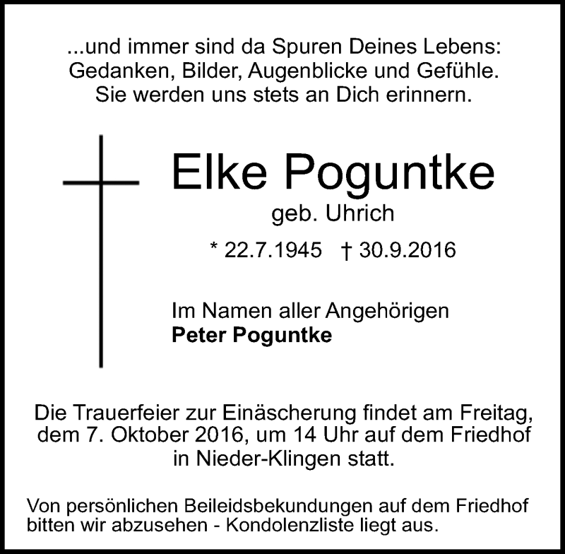  Traueranzeige für Elke Poguntke vom 05.10.2016 aus Trauerportal Echo Online