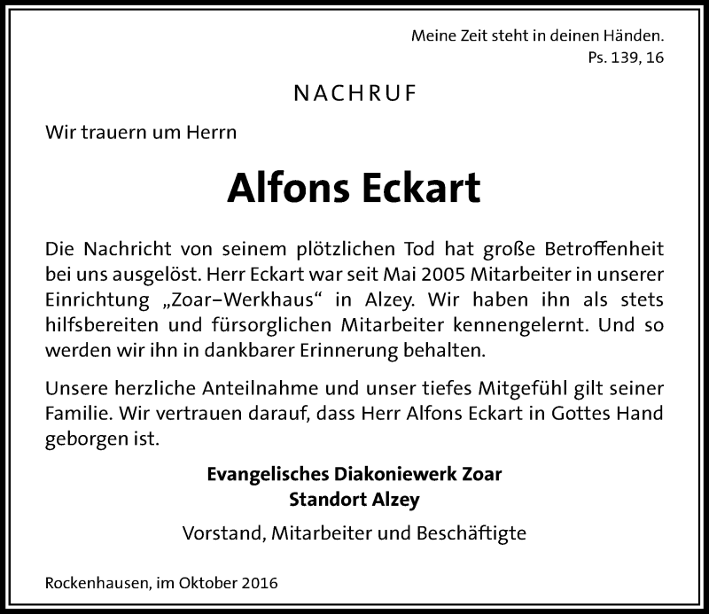  Traueranzeige für Alfons Eckart vom 14.10.2016 aus Trauerportal Rhein Main Presse