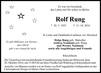 Traueranzeige von Rolf Rung von Trauerportal Rhein Main Presse