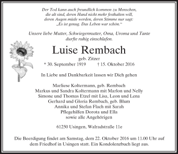 Traueranzeige von Luise Rembach von  Usinger Anzeiger