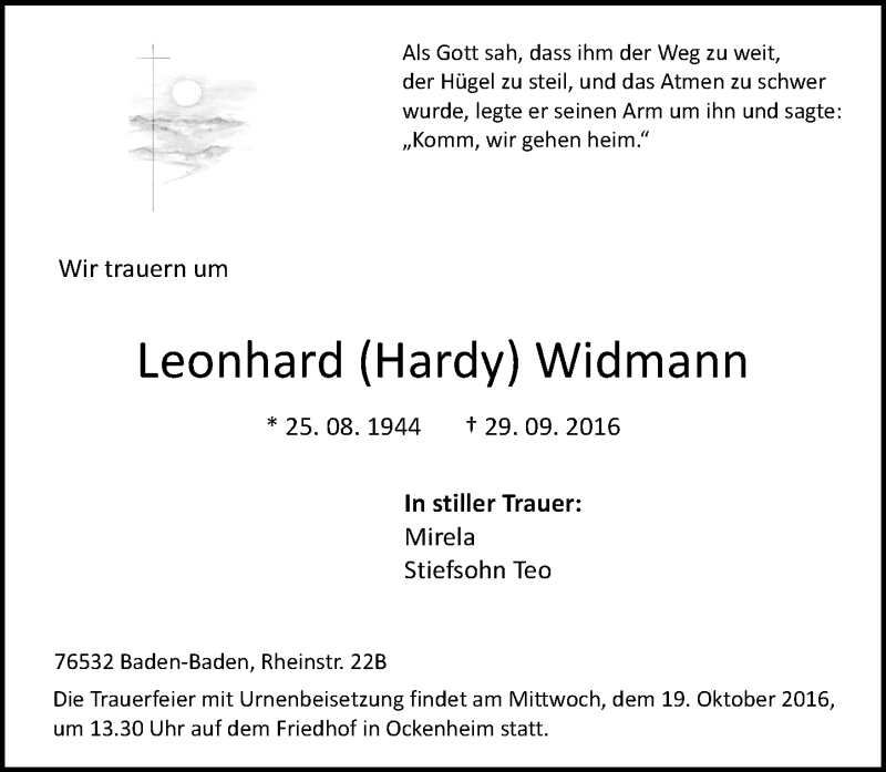  Traueranzeige für Leonhard Widmann vom 15.10.2016 aus Trauerportal Rhein Main Presse