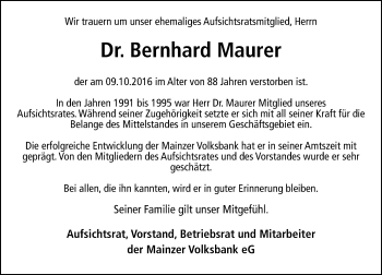 Traueranzeige von Bernhard Maurer von Trauerportal Rhein Main Presse