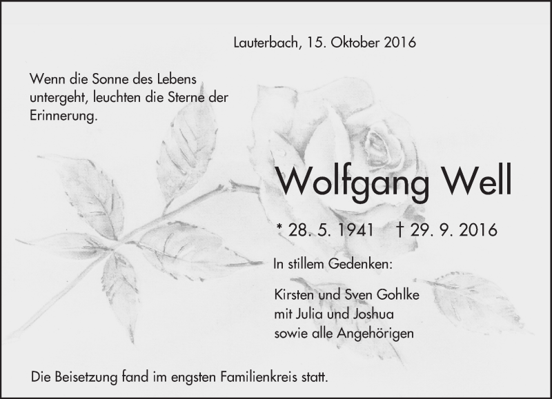  Traueranzeige für Wolfgang Well vom 15.10.2016 aus VRM Trauer