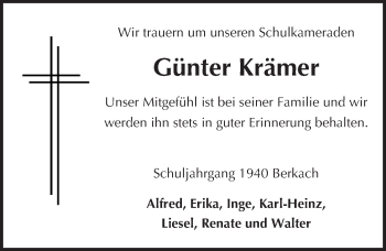 Traueranzeige von Günter Krämer von Trauerportal Echo Online