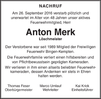 Traueranzeige von Anton Merk von Trauerportal Rhein Main Presse