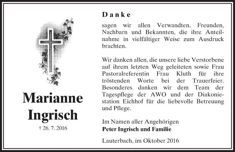  Traueranzeige für Marianne Ingrisch vom 08.10.2016 aus VRM Trauer