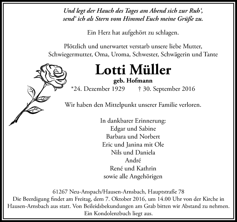  Traueranzeige für Lotti Müller vom 04.10.2016 aus  Usinger Anzeiger