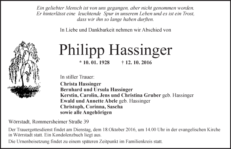  Traueranzeige für Philipp Hassinger vom 15.10.2016 aus Trauerportal Rhein Main Presse