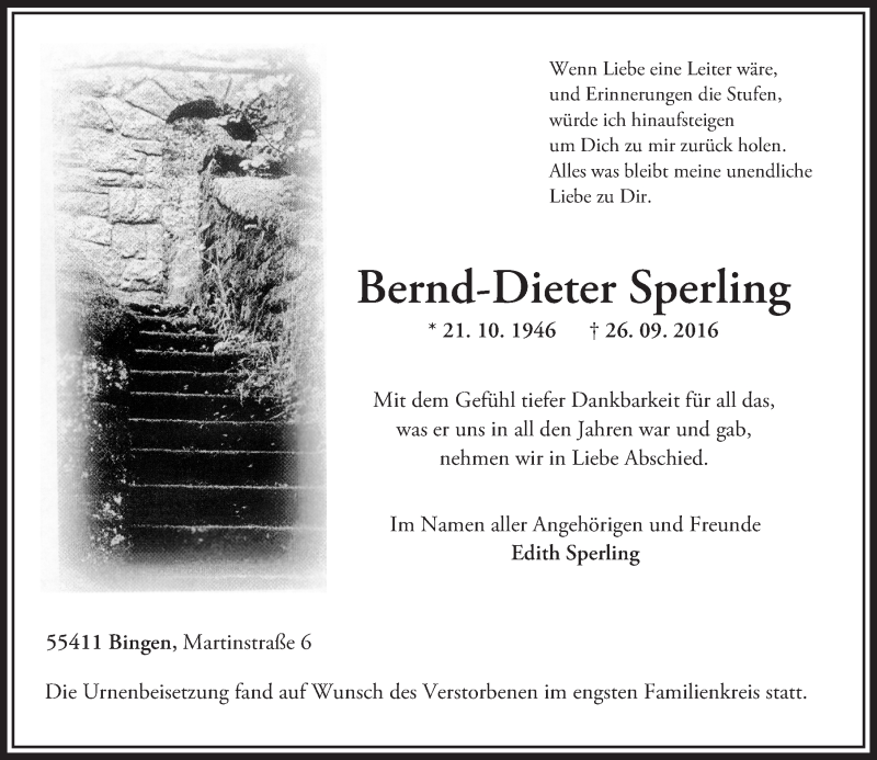  Traueranzeige für Bernd-Dieter Sperling vom 19.10.2016 aus Trauerportal Rhein Main Presse