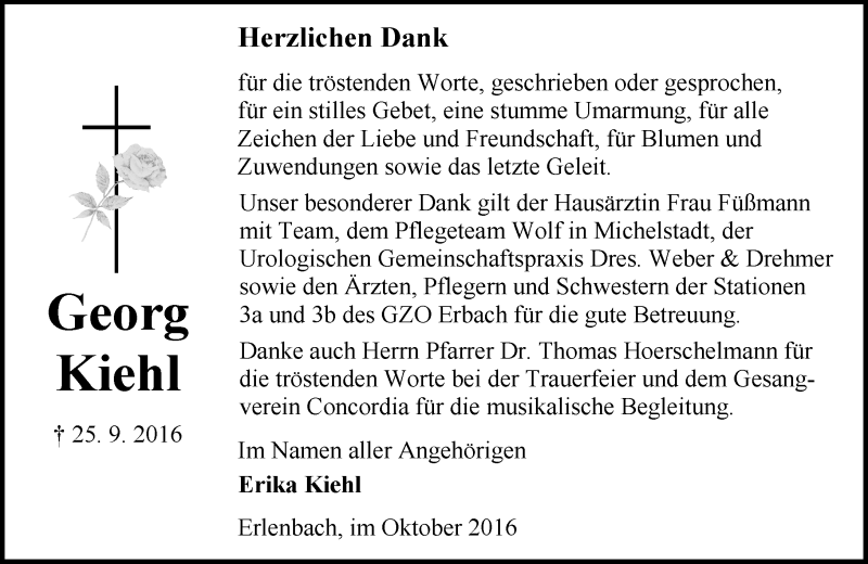  Traueranzeige für Georg Kiehl vom 22.10.2016 aus Trauerportal Echo Online