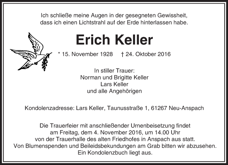  Traueranzeige für Erich Keller vom 29.10.2016 aus  Usinger Anzeiger