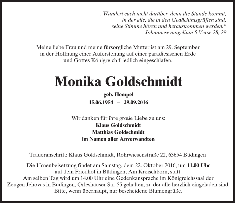  Traueranzeige für Monika Goldschmidt vom 15.10.2016 aus  Kreisanzeiger