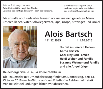 Traueranzeige von Alois Bartsch von Trauerportal Echo Online