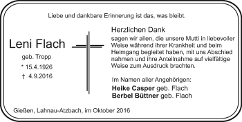 Traueranzeige von Leni Flach von  Gießener Anzeiger